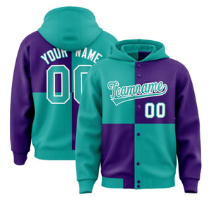 Custom Aqua Purple Varsity Full-Snap Four Squares Color Block Letterman Hoodie Jacket