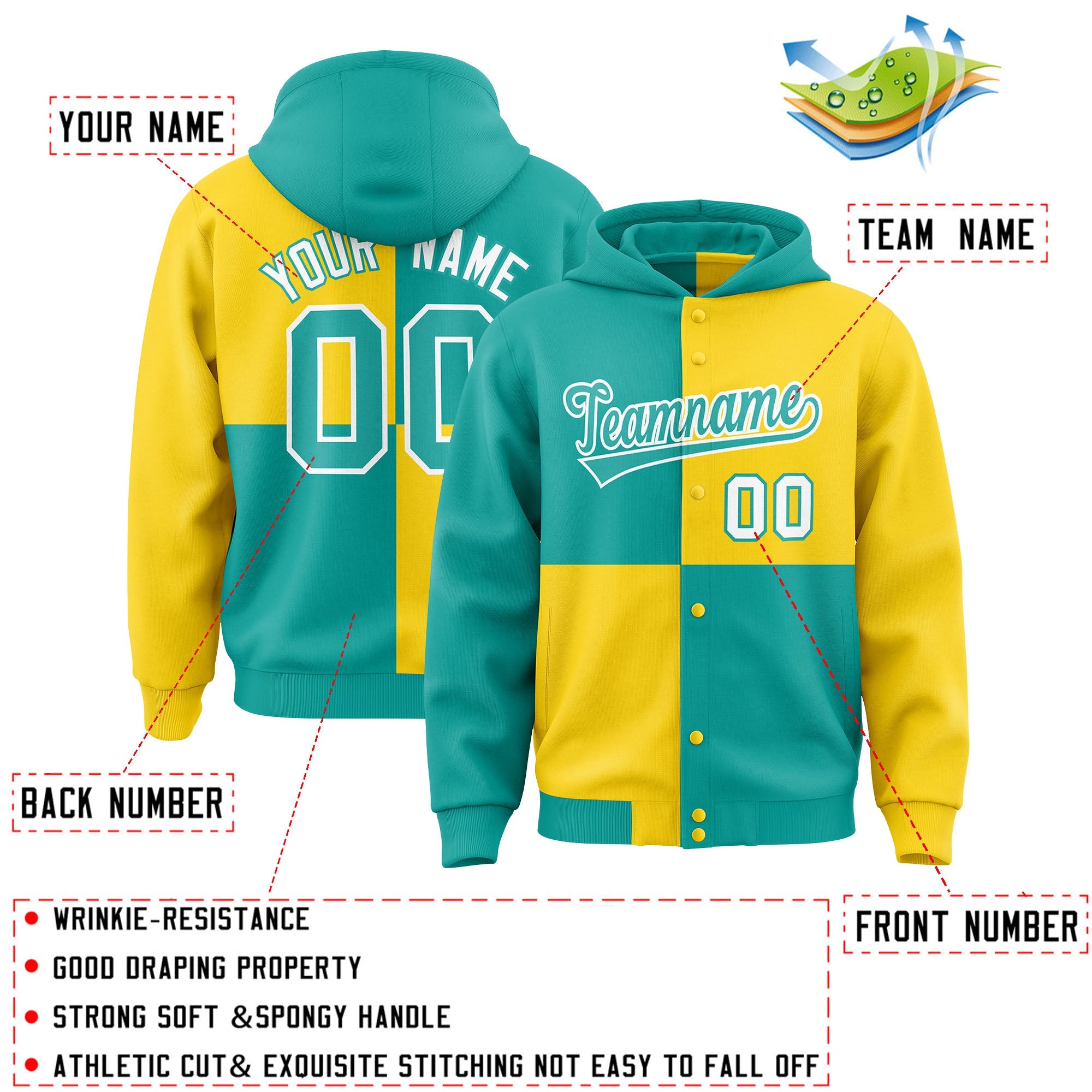 Custom Aqua Gold Varsity Full-Snap Four Squares Color Block Letterman Hoodie Jacket