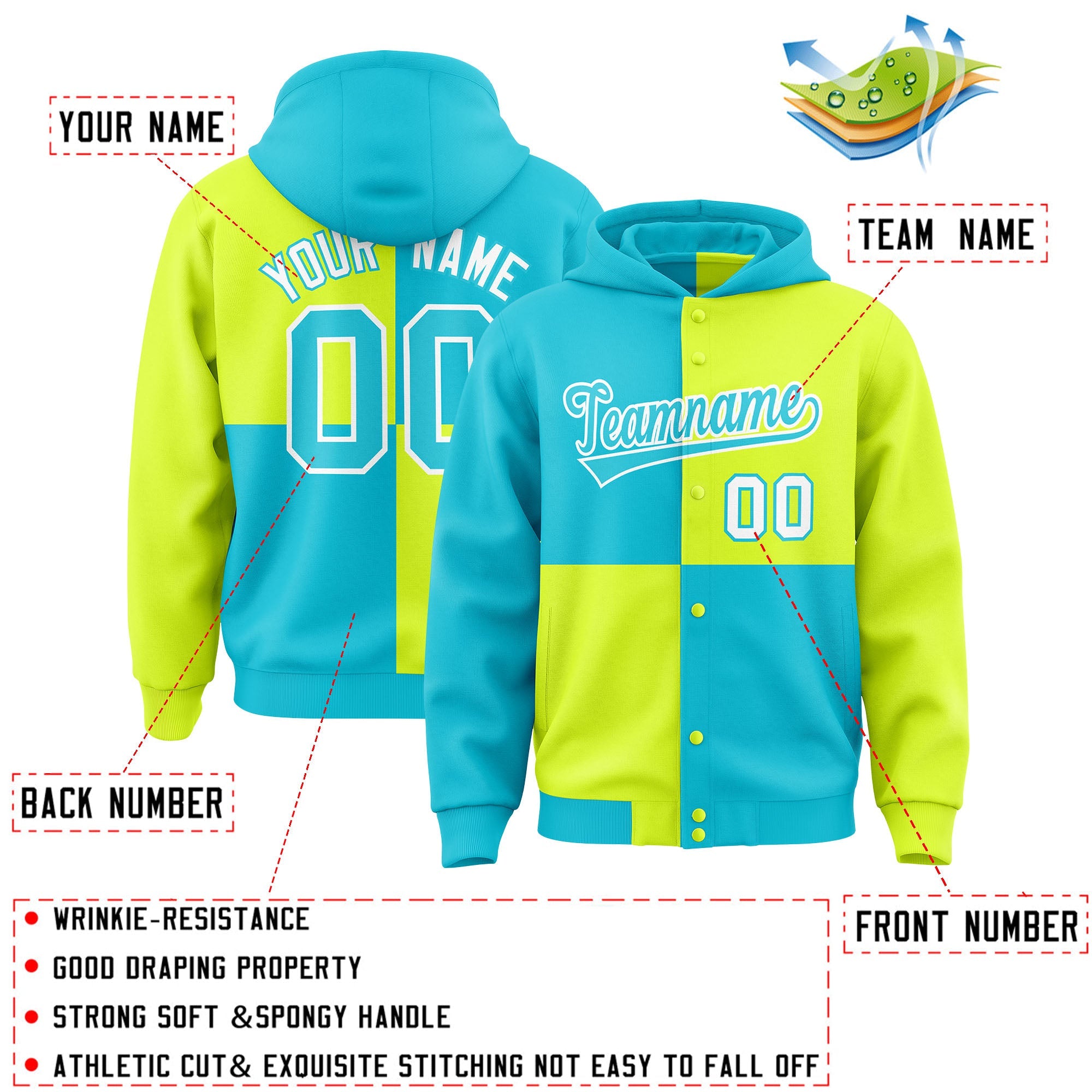 Custom Sky Blue Green Varsity Full-Snap Four Squares Color Block Letterman Hoodie Jacket