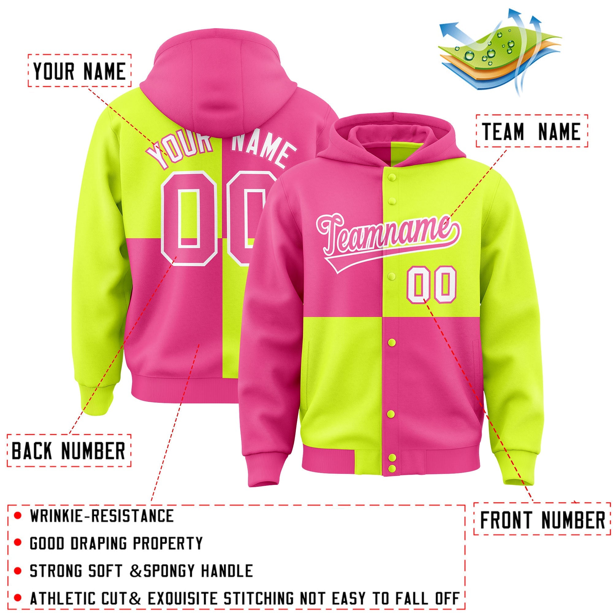 Custom Pink Green Varsity Full-Snap Four Squares Color Block Letterman Hoodie Jacket