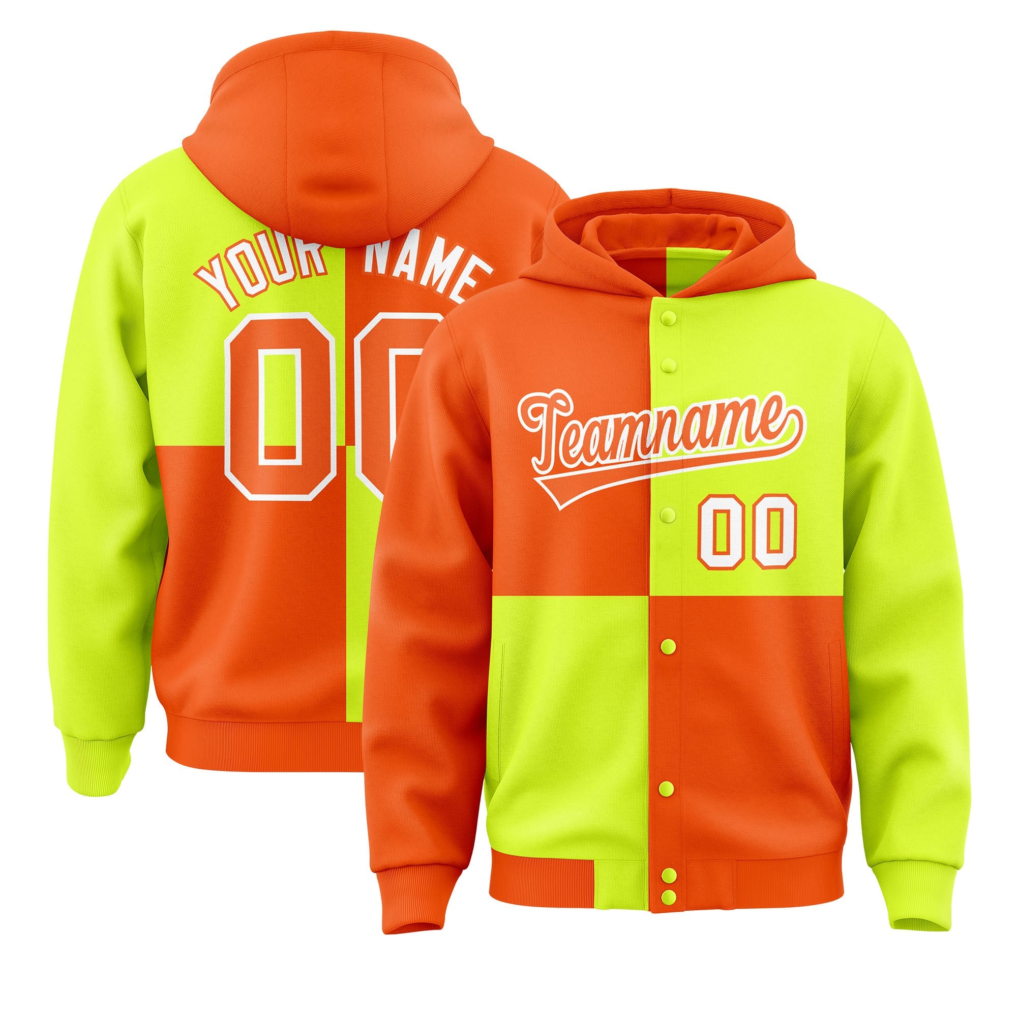 Custom Orange Green Varsity Full-Snap Four Squares Color Block Letterman Hoodie Jacket