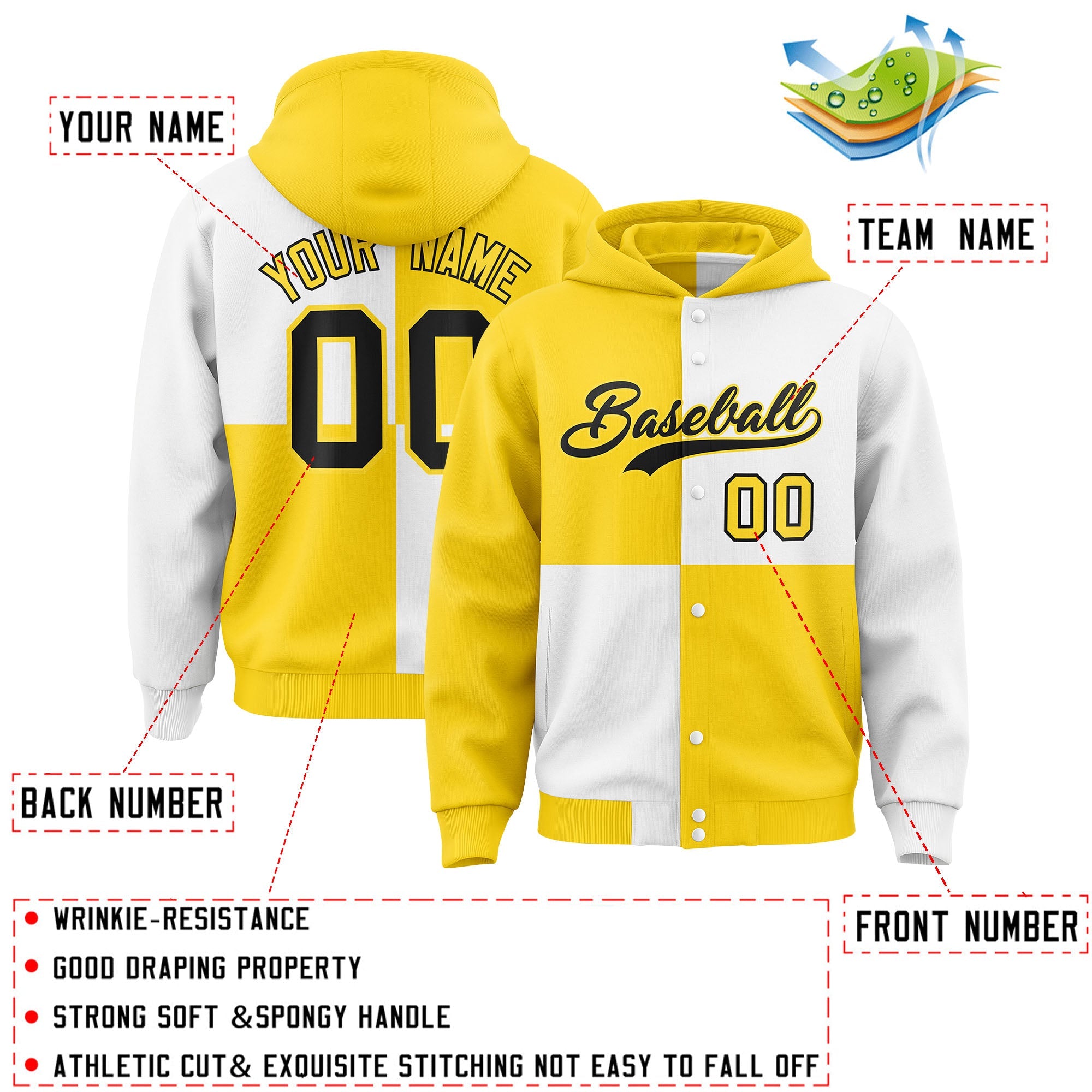 Custom Gold White Varsity Full-Snap Four Squares Color Block Letterman Hoodie Jacket