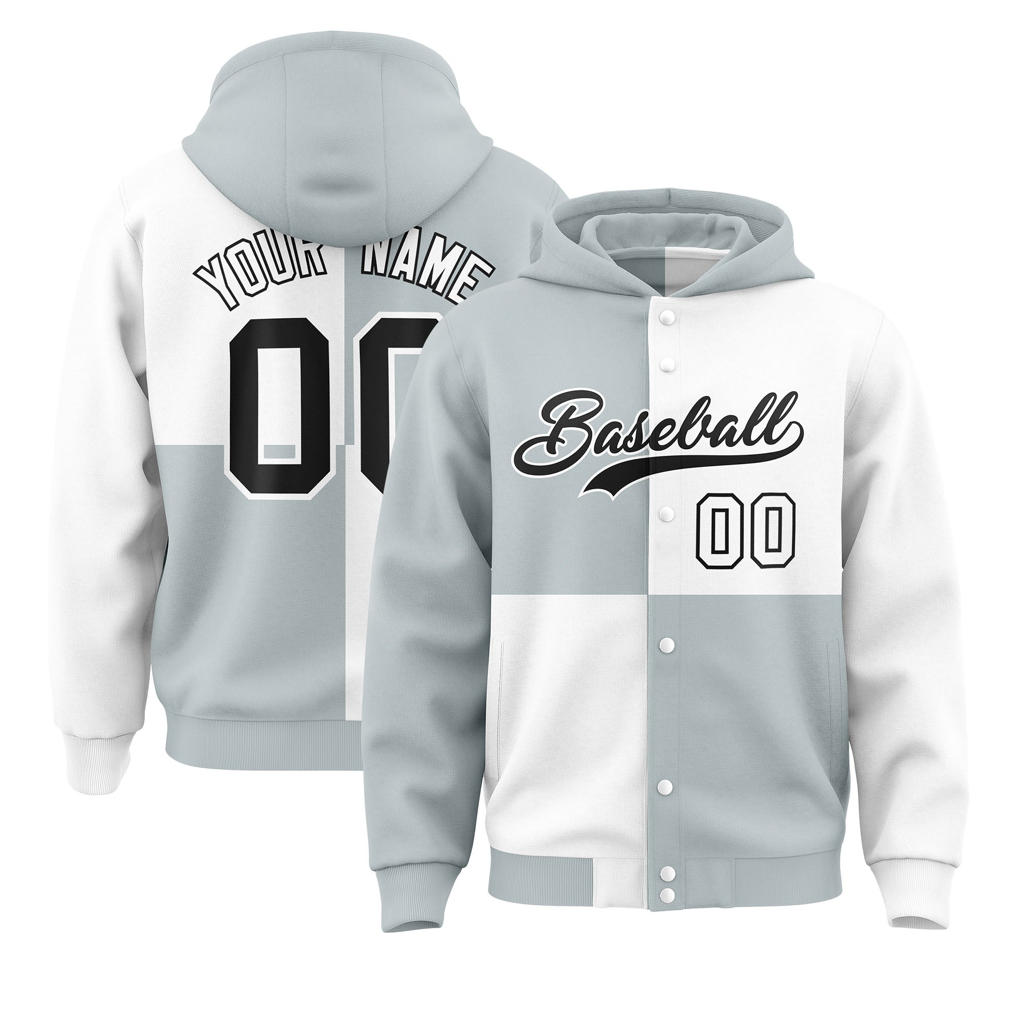 Custom Silver White Varsity Full-Snap Four Squares Color Block Letterman Hoodie Jacket