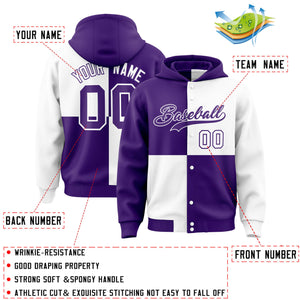 Custom Purple White Varsity Full-Snap Four Squares Color Block Letterman Hoodie Jacket