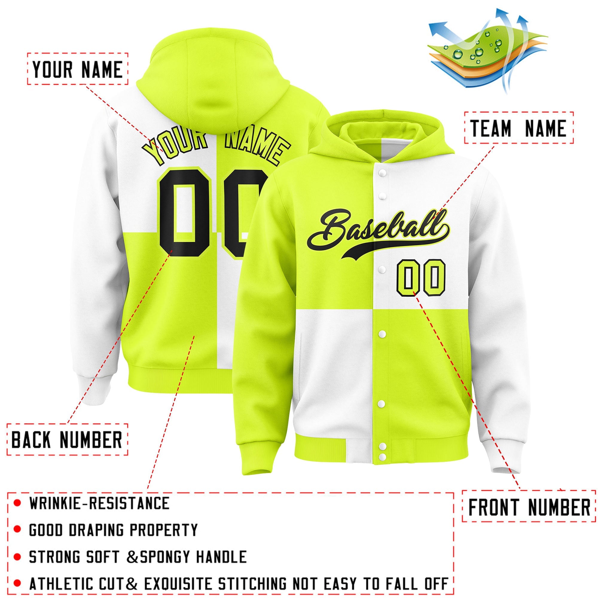 Custom Green White Varsity Full-Snap Four Squares Color Block Letterman Hoodie Jacket