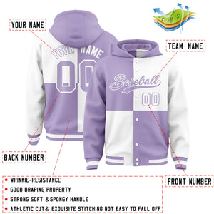 Custom Light Purple White Varsity Full-Snap Four Squares Color Block Letterman Hoodie Jacket