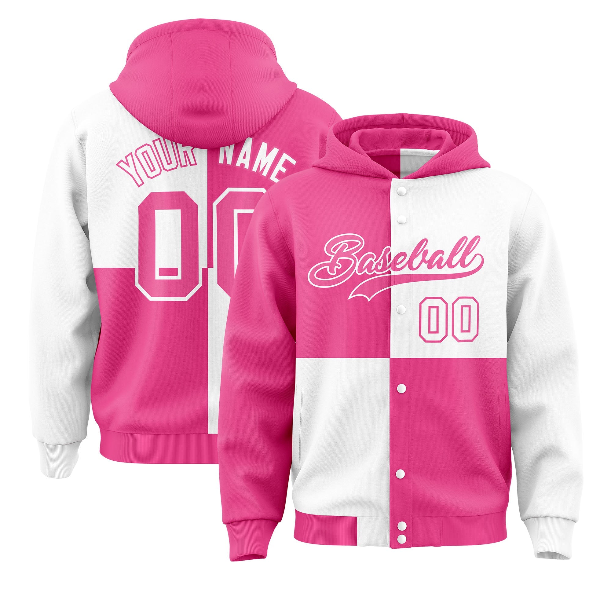 Custom Pink White Varsity Full-Snap Four Squares Color Block Letterman Hoodie Jacket