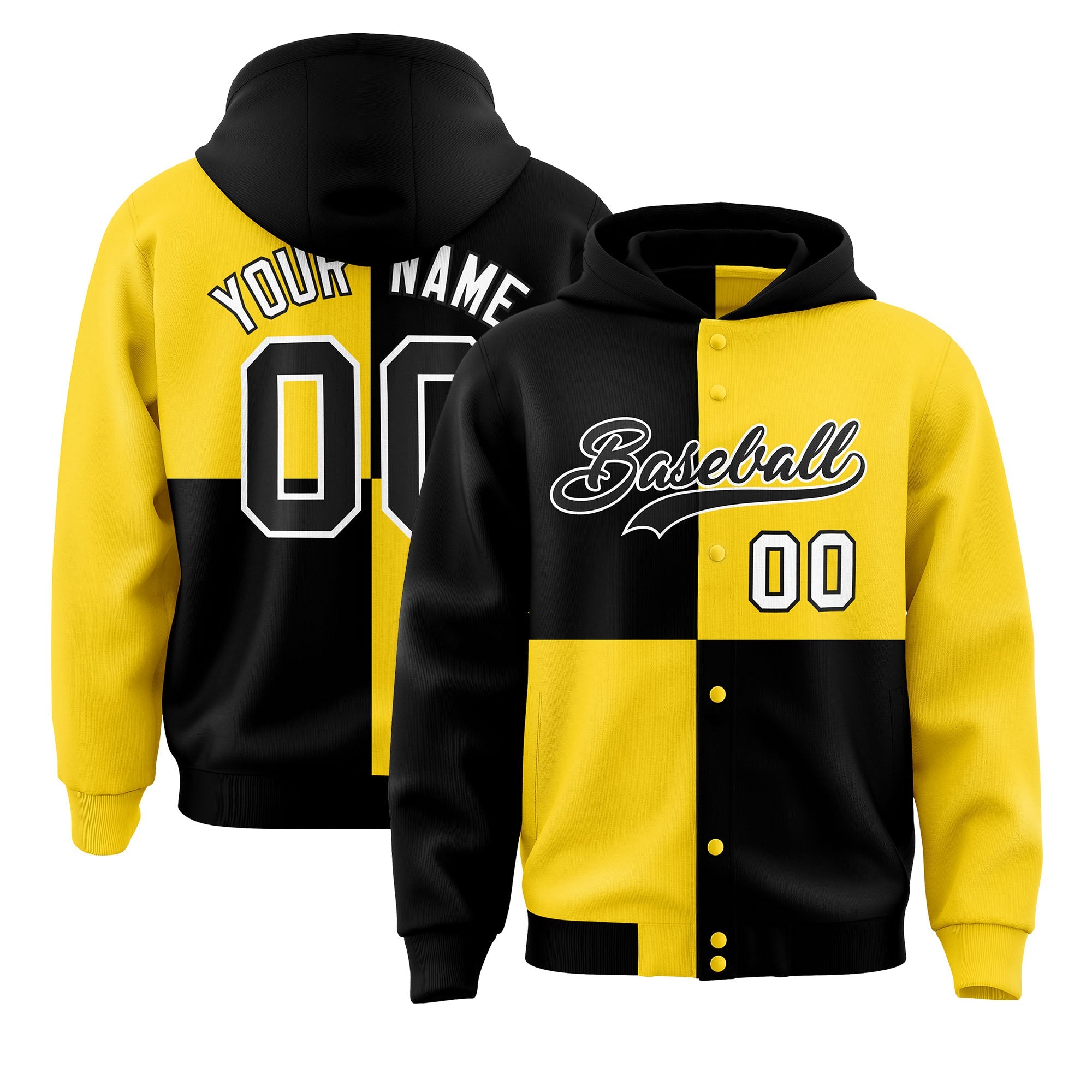 Custom Black Gold Varsity Full-Snap Four Squares Color Block Letterman Hoodie Jacket