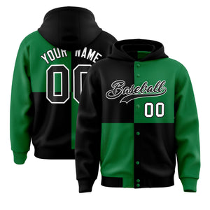 Custom Black Kelly Green Varsity Full-Snap Four Squares Color Block Letterman Hoodie Jacket