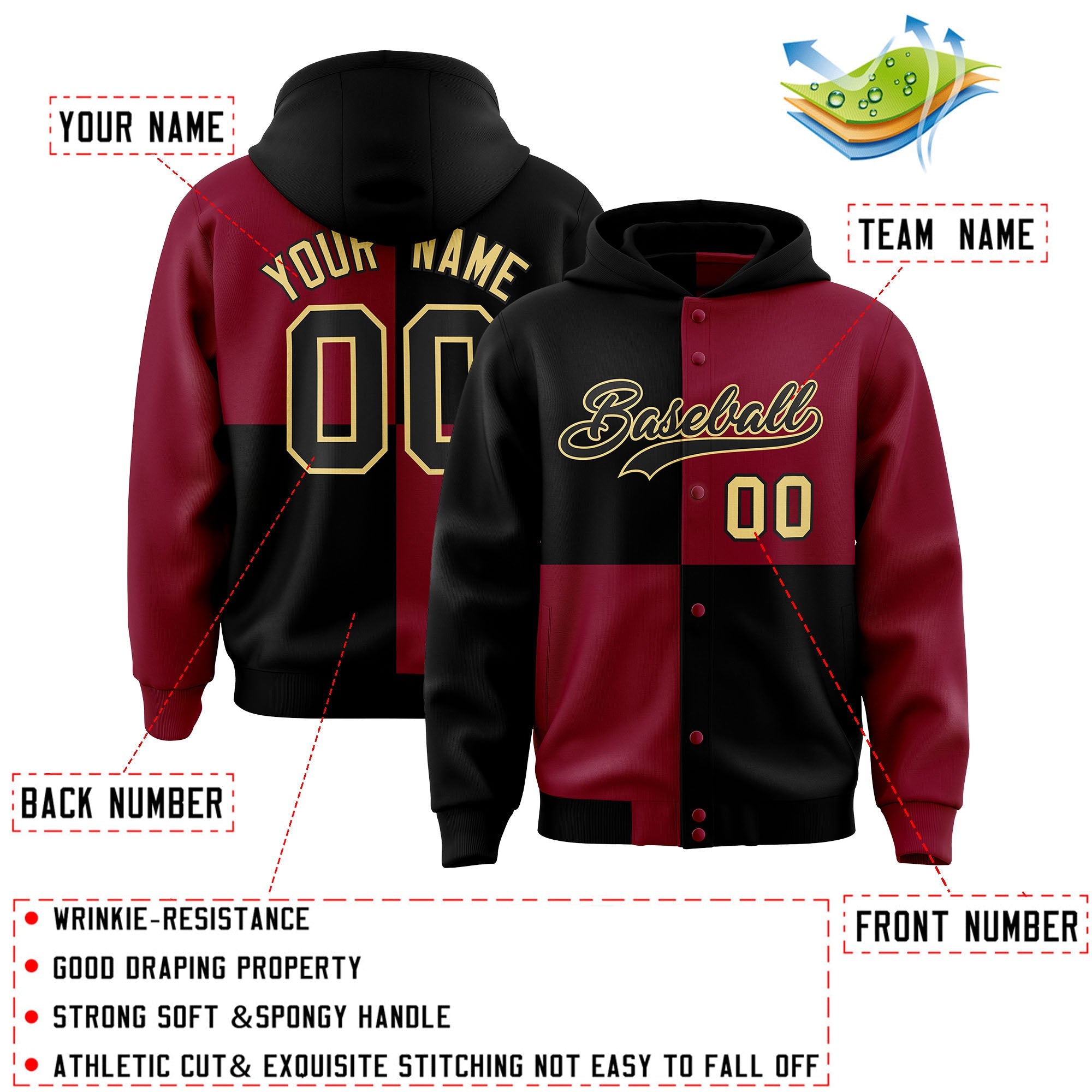 Custom Black Crimson Varsity Full-Snap Four Squares Color Block Letterman Hoodie Jacket