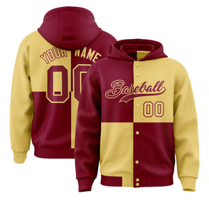 Custom Crimson Khaki Varsity Full-Snap Four Squares Color Block Letterman Hoodie Jacket