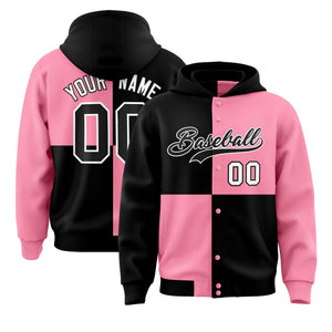 Custom Black Light Pink Varsity Full-Snap Four Squares Color Block Letterman Hoodie Jacket