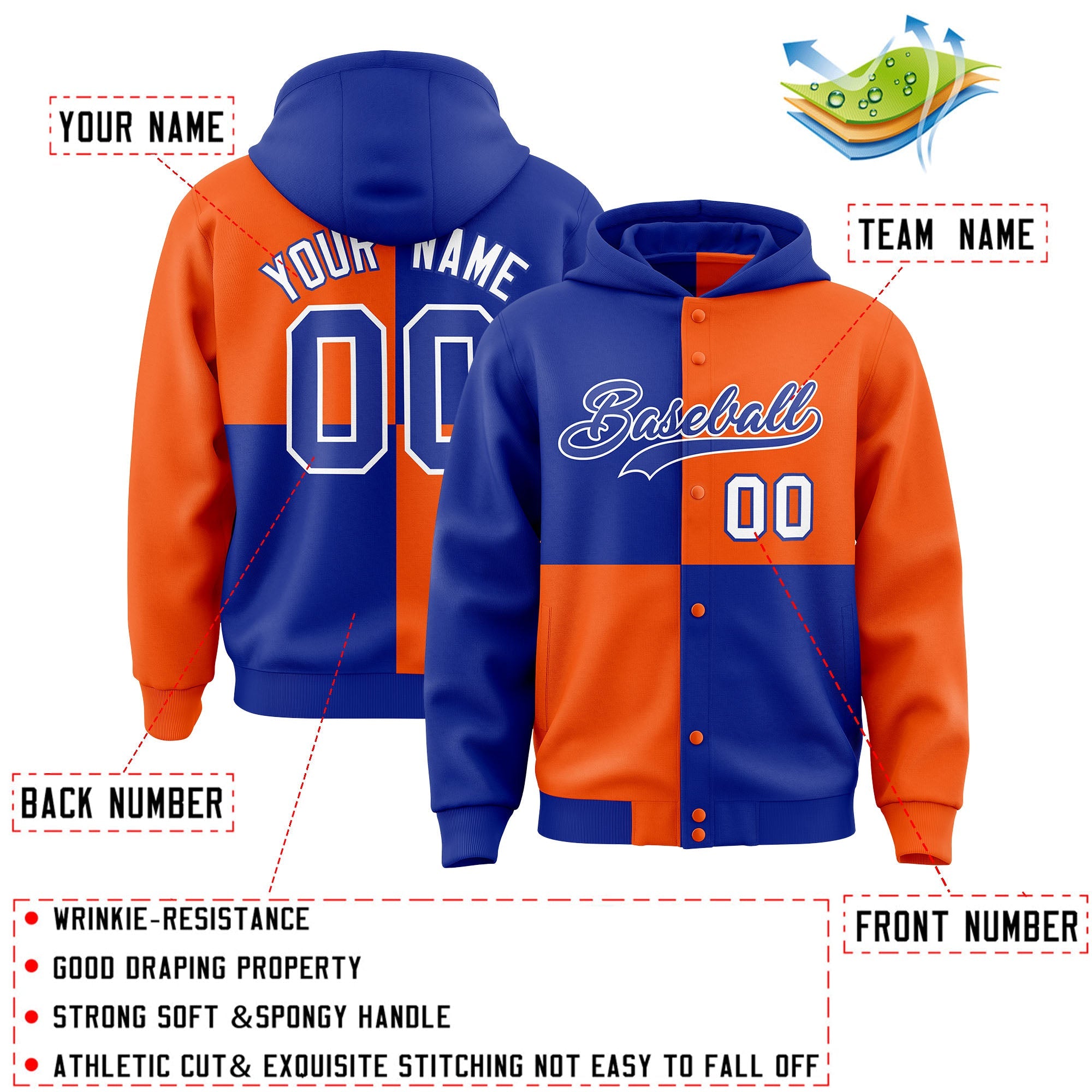 Custom Royal Orange Varsity Full-Snap Four Squares Color Block Letterman Hoodie Jacket