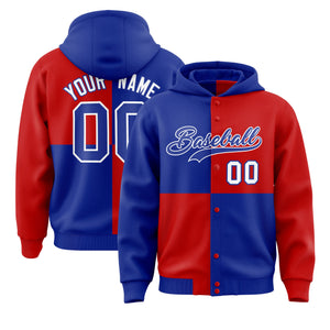 Custom Royal Red Varsity Full-Snap Four Squares Color Block Letterman Hoodie Jacket