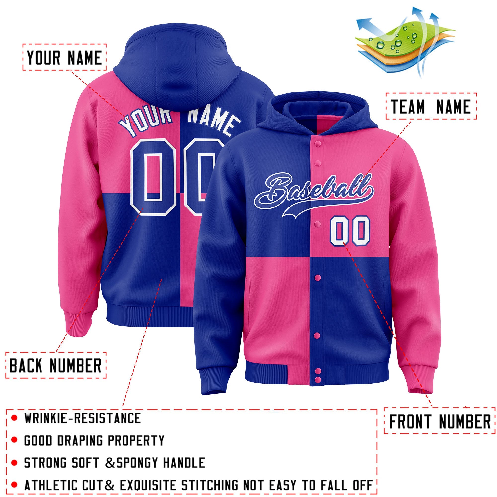 Custom Royal Pink Varsity Full-Snap Four Squares Color Block Letterman Hoodie Jacket