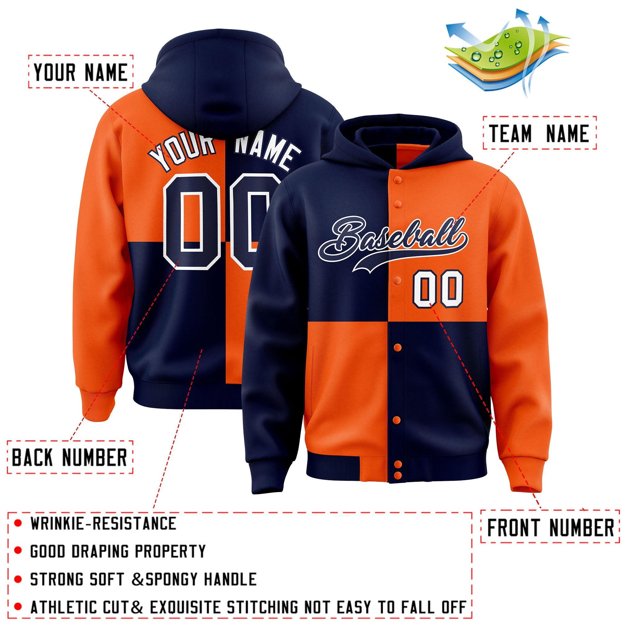 Custom Navy Orange Varsity Full-Snap Four Squares Color Block Letterman Hoodie Jacket