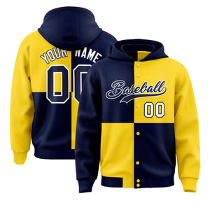 Custom Navy Gold Varsity Full-Snap Four Squares Color Block Letterman Hoodie Jacket