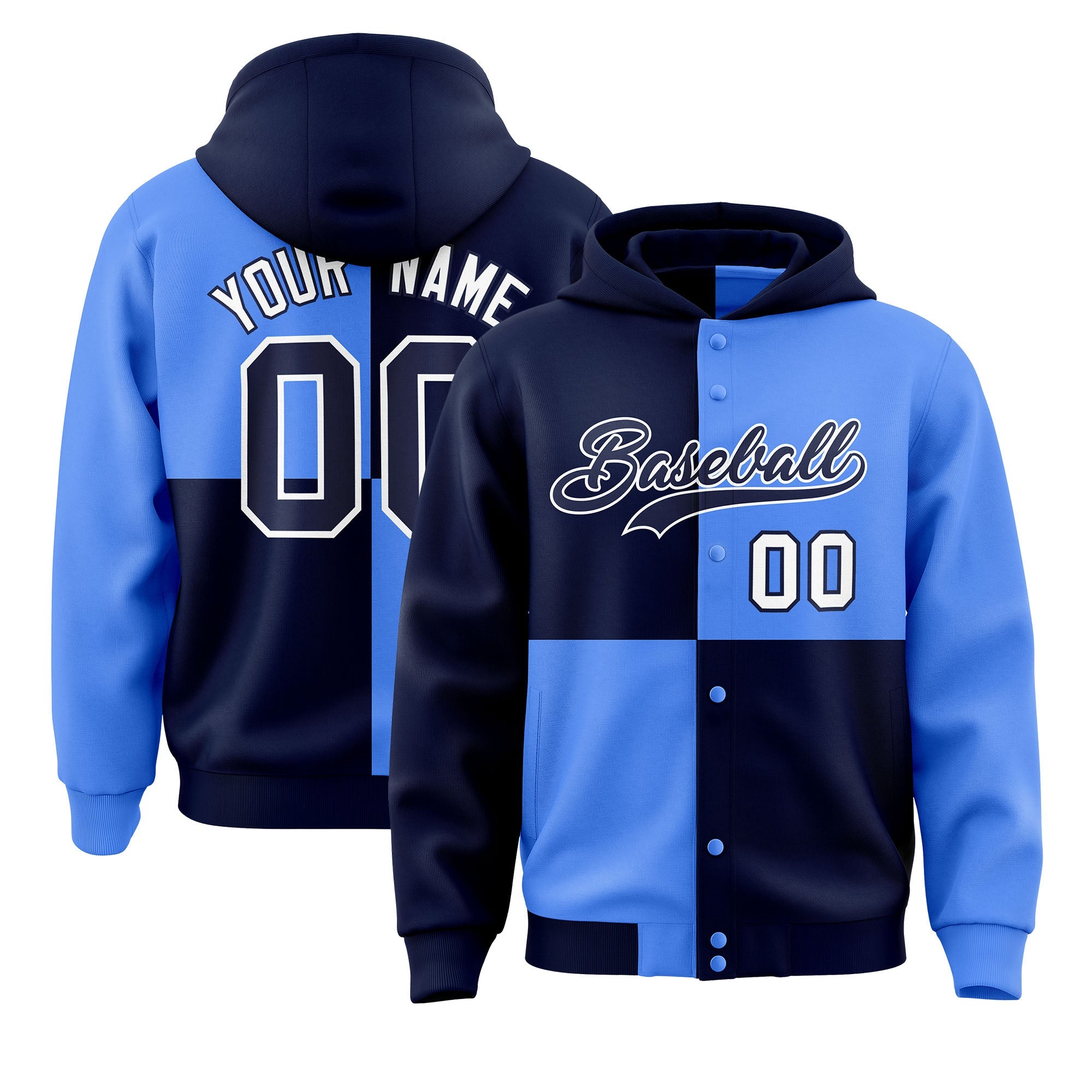 Custom Navy Powder Blue Varsity Full-Snap Four Squares Color Block Letterman Hoodie Jacket