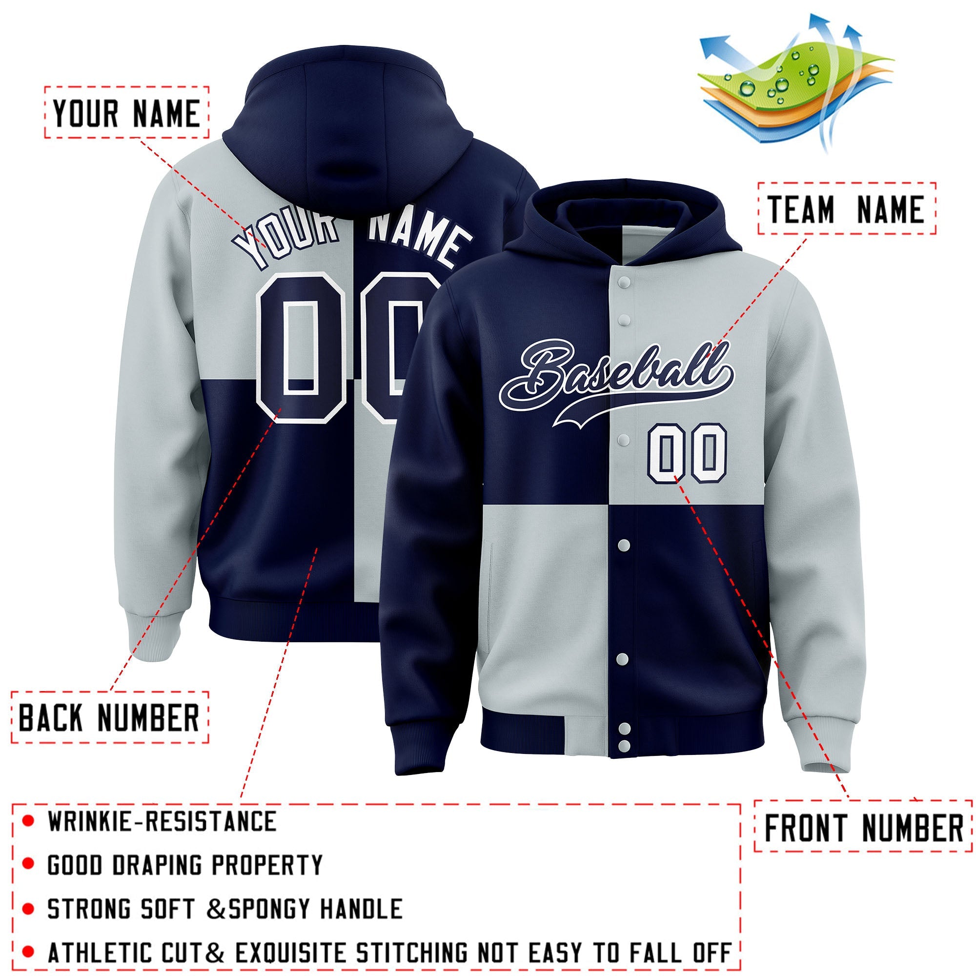 Custom Navy Silver Varsity Full-Snap Four Squares Color Block Letterman Hoodie Jacket