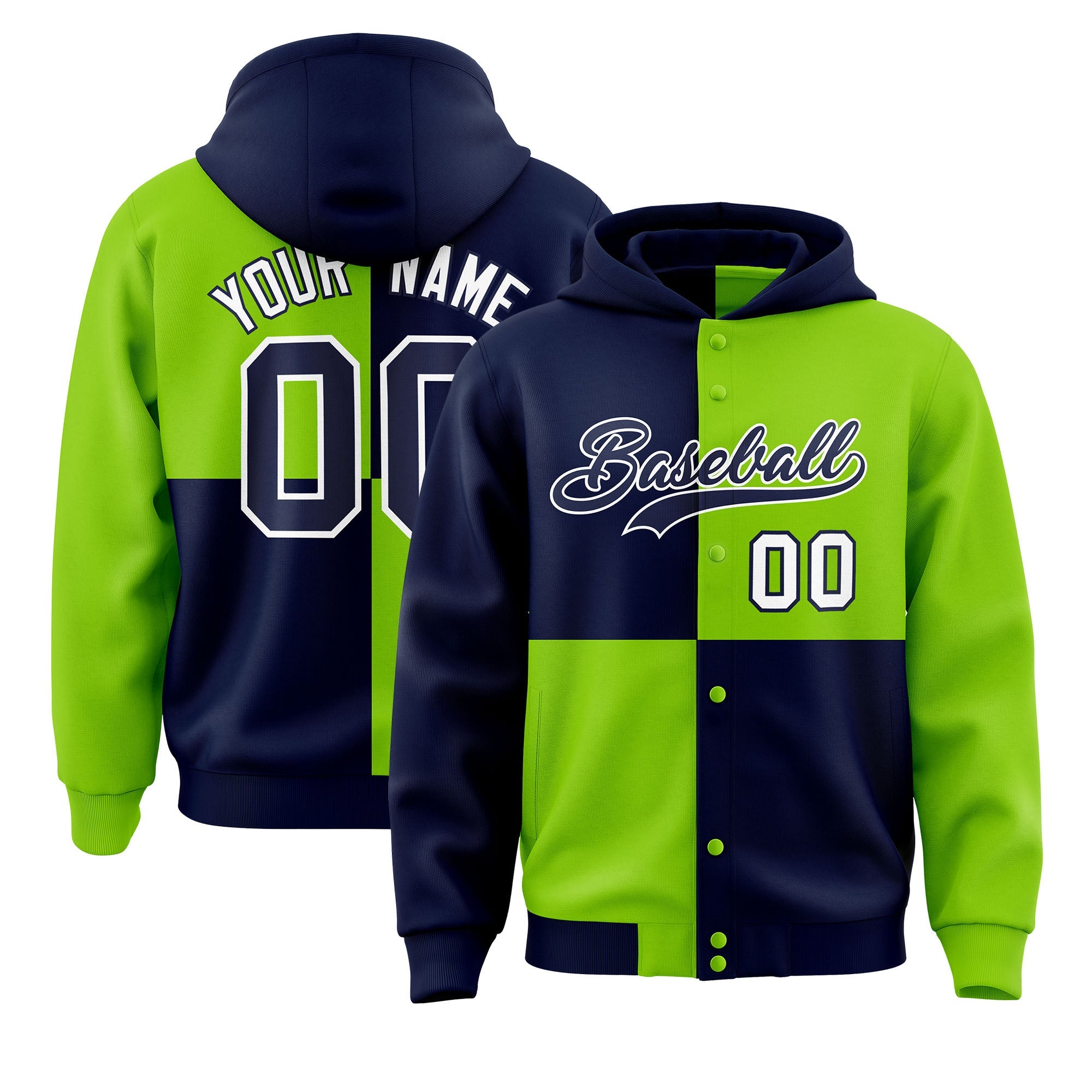 Custom Navy Neon Green Varsity Full-Snap Four Squares Color Block Letterman Hoodie Jacket