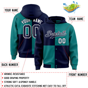 Custom Navy Aqua Varsity Full-Snap Four Squares Color Block Letterman Hoodie Jacket