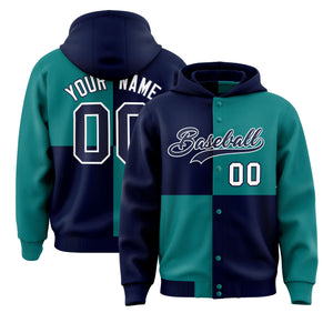 Custom Navy Aqua Varsity Full-Snap Four Squares Color Block Letterman Hoodie Jacket