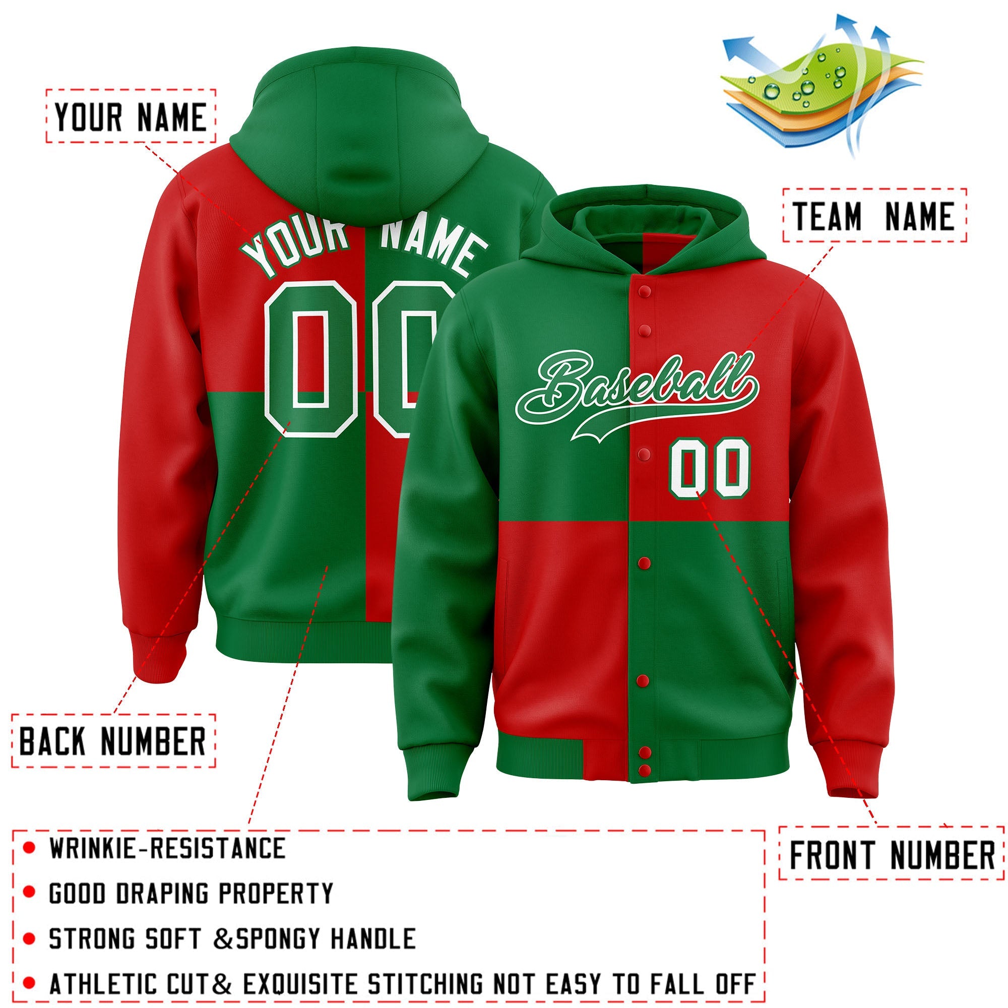 Custom Kelly Green Red Varsity Full-Snap Four Squares Color Block Letterman Hoodie Jacket