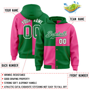 Custom Kelly Green Pink Varsity Full-Snap Four Squares Color Block Letterman Hoodie Jacket