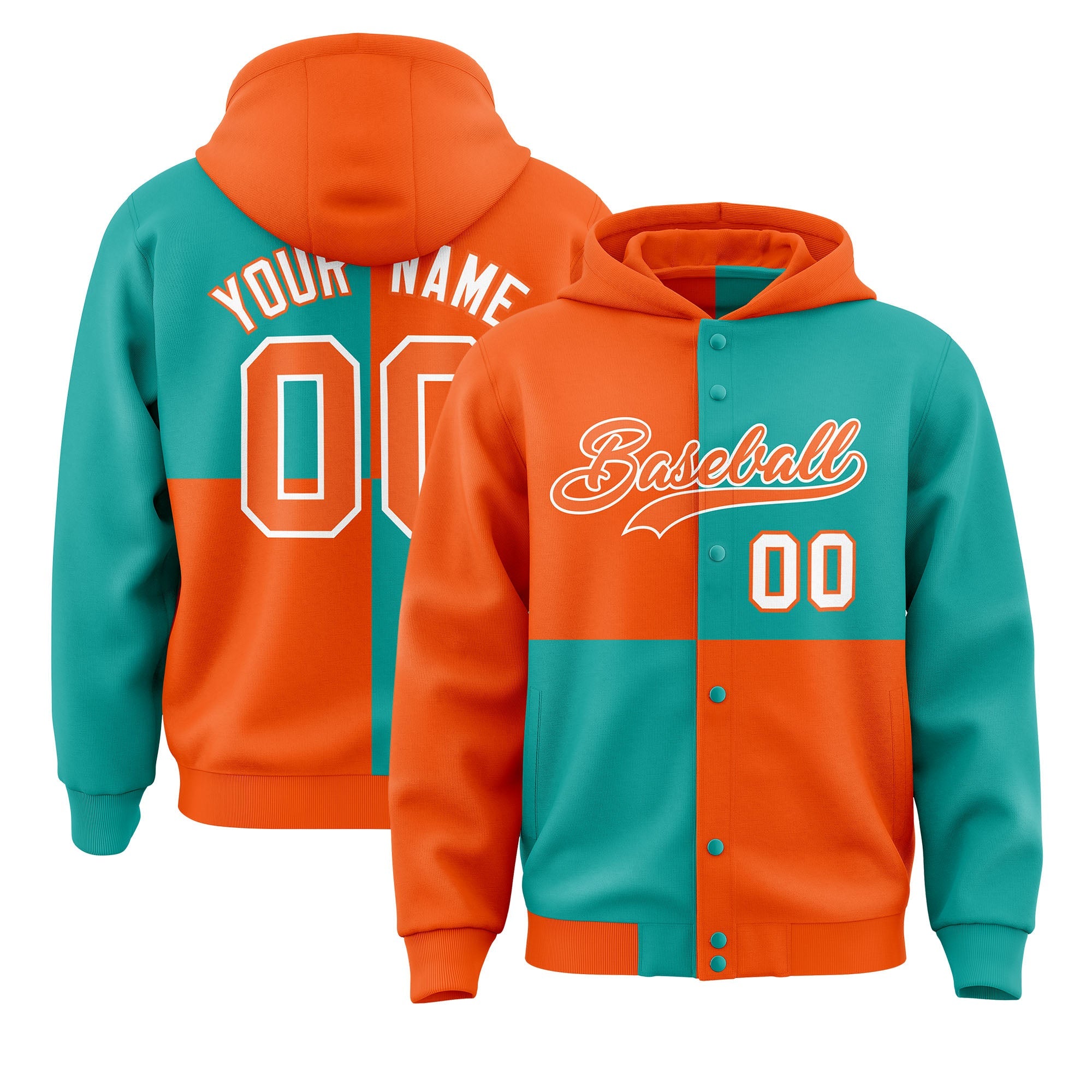 Custom Orange Aqua Varsity Full-Snap Four Squares Color Block Letterman Hoodie Jacket