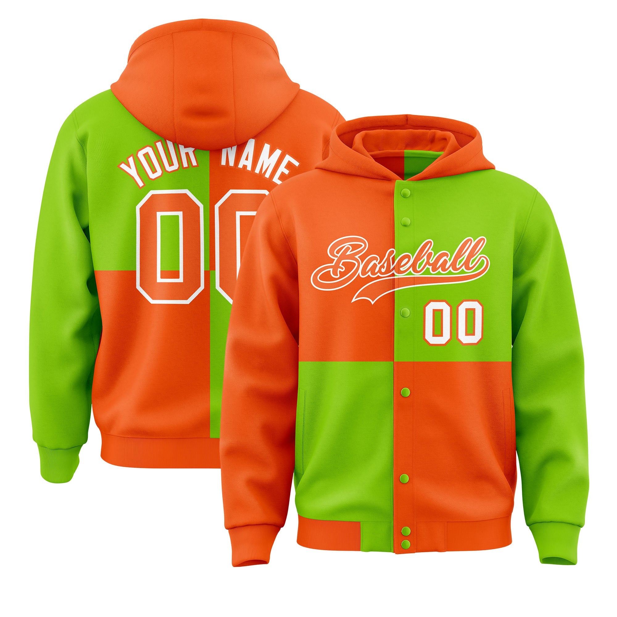 Custom Orange Neon Green Varsity Full-Snap Four Squares Color Block Letterman Hoodie Jacket