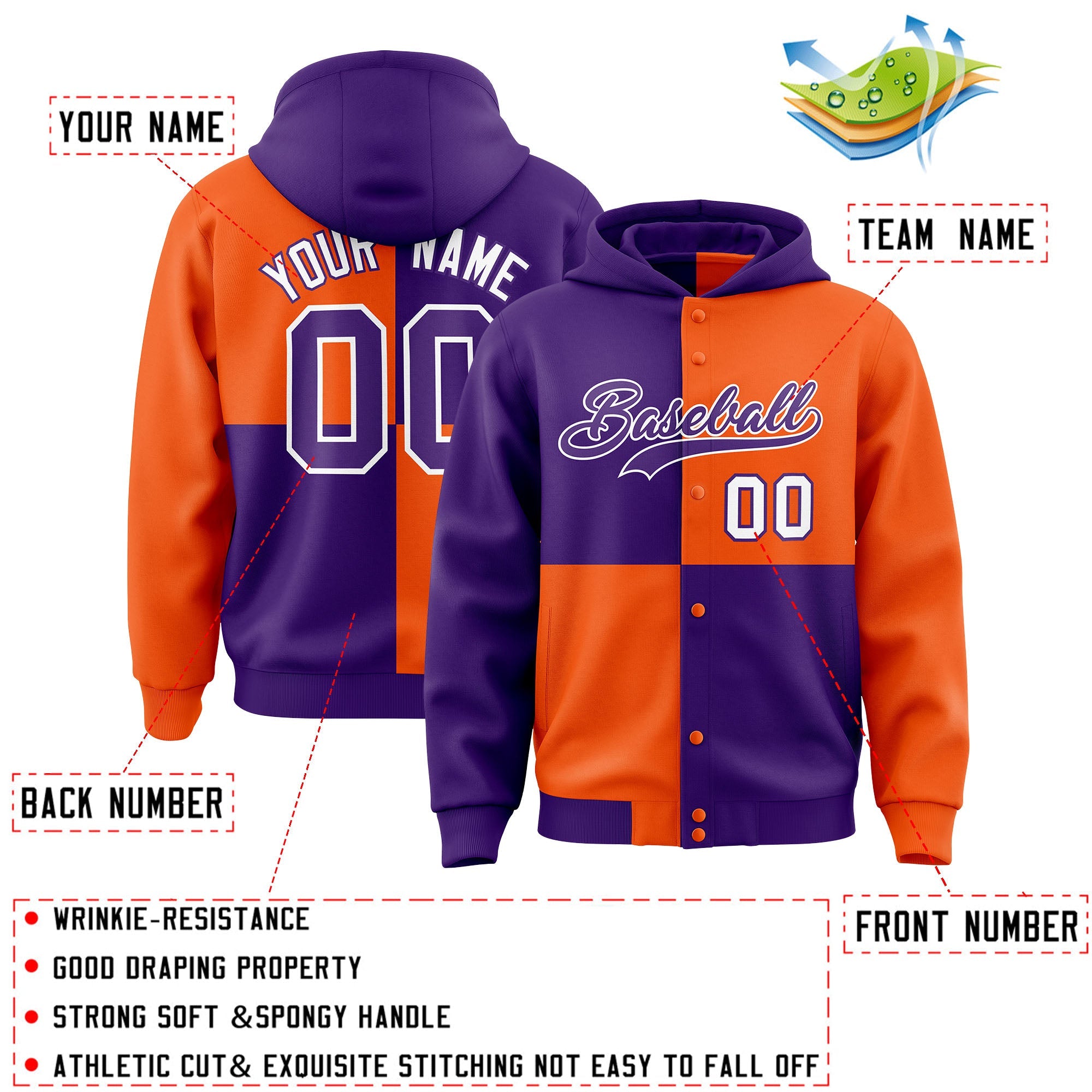 Custom Purple Orange Varsity Full-Snap Four Squares Color Block Letterman Hoodie Jacket