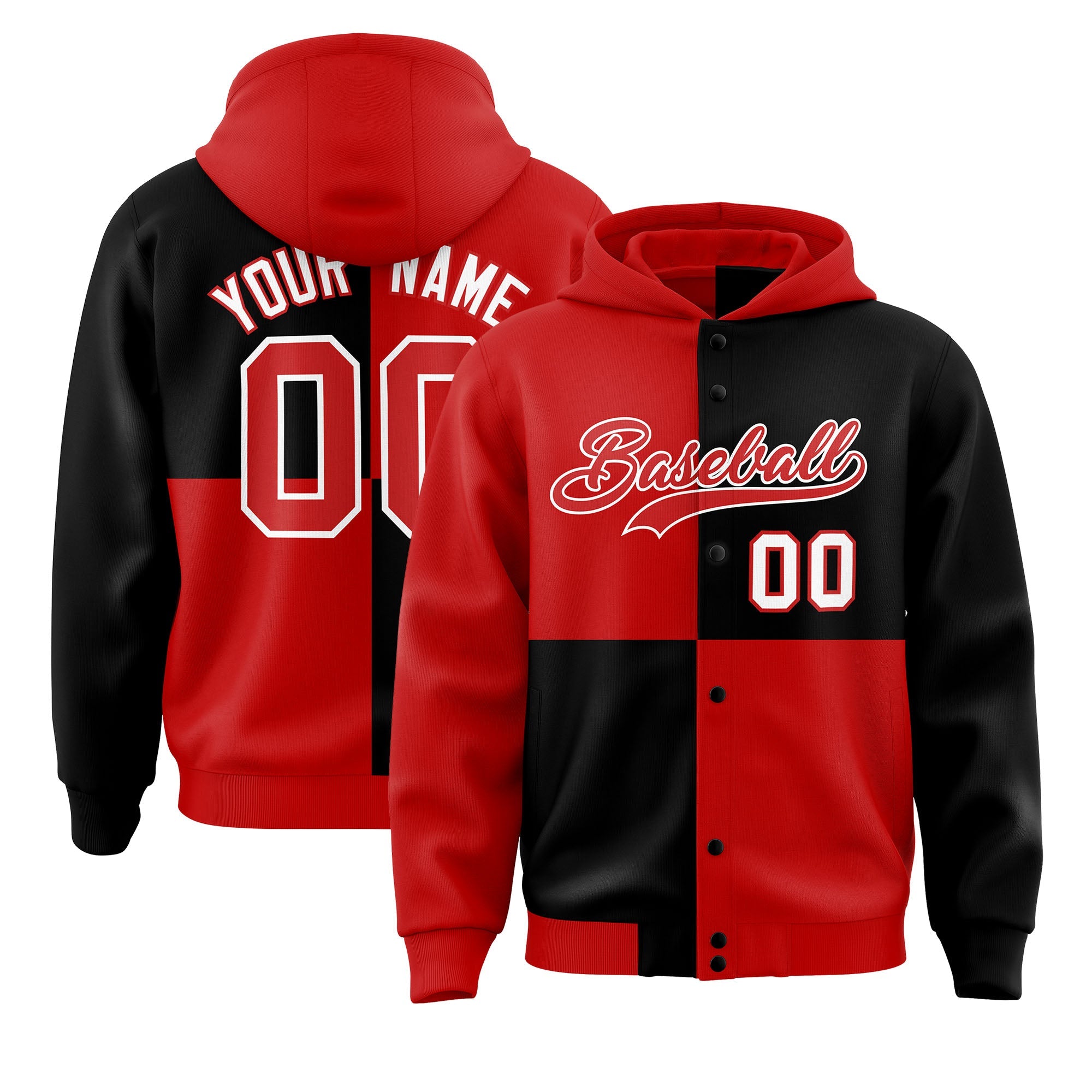 Custom Red Black Varsity Full-Snap Four Squares Color Block Letterman Hoodie Jacket