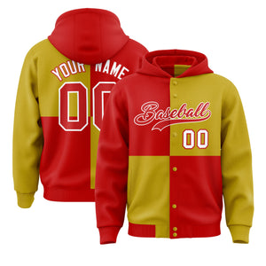 Custom Red Old Gold Varsity Full-Snap Four Squares Color Block Letterman Hoodie Jacket