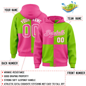 Custom Pink Neon Green Varsity Full-Snap Four Squares Color Block Letterman Hoodie Jacket