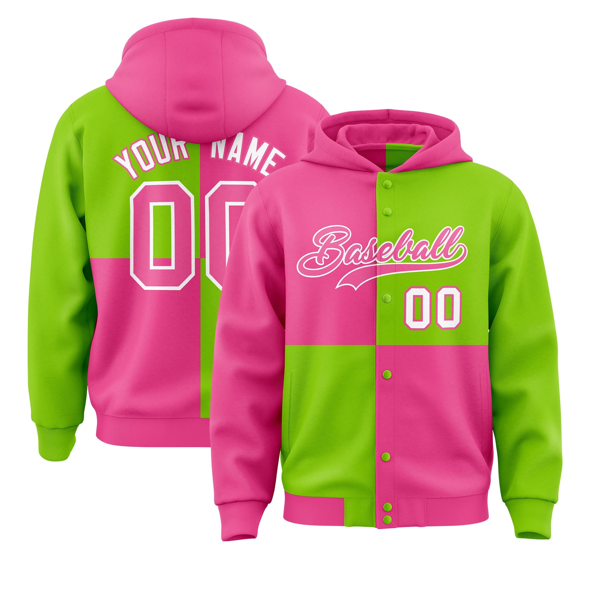 Custom Pink Neon Green Varsity Full-Snap Four Squares Color Block Letterman Hoodie Jacket