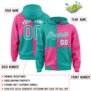 Custom Aqua Pink Varsity Full-Snap Four Squares Color Block Letterman Hoodie Jacket