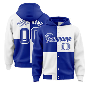 Custom Royal White Varsity Full-Snap Four Squares Color Block Letterman Hoodie Jacket