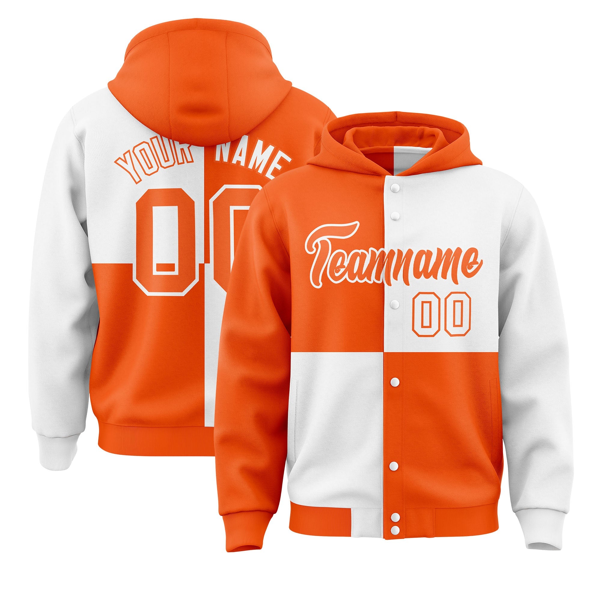 Custom Orange White Varsity Full-Snap Four Squares Color Block Letterman Hoodie Jacket