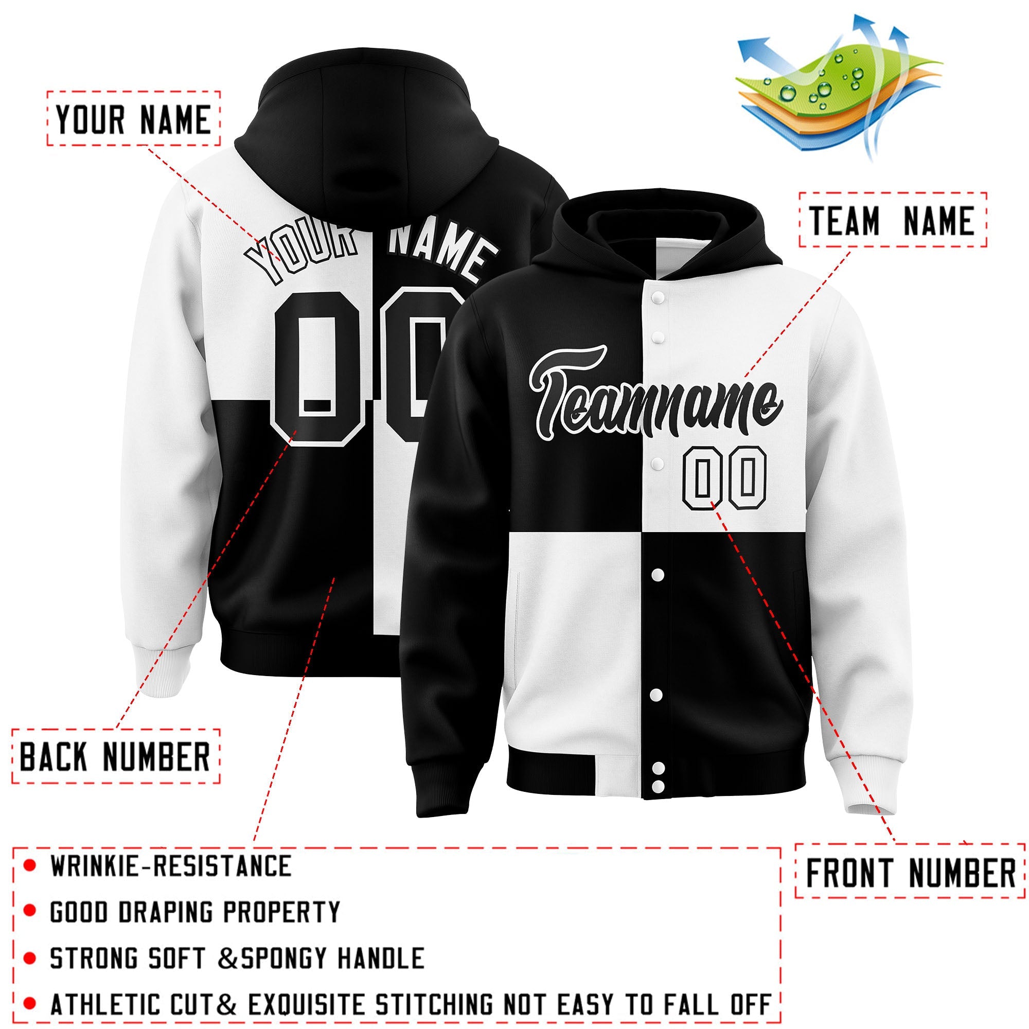 Custom Black White Varsity Full-Snap Four Squares Color Block Letterman Hoodie Jacket