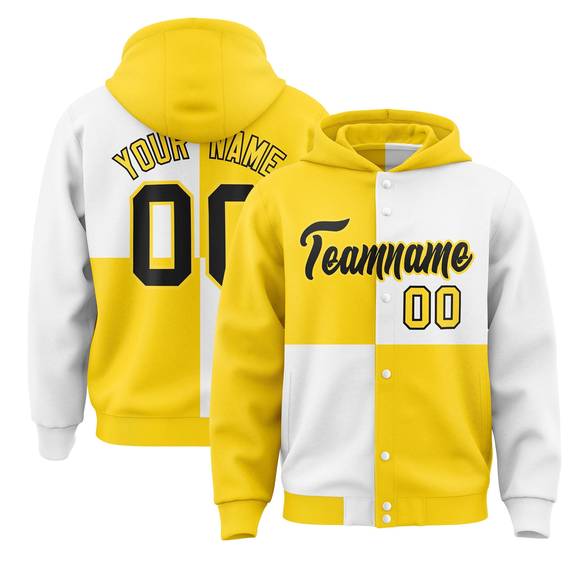 Custom Gold White Varsity Full-Snap Four Squares Color Block Letterman Hoodie Jacket