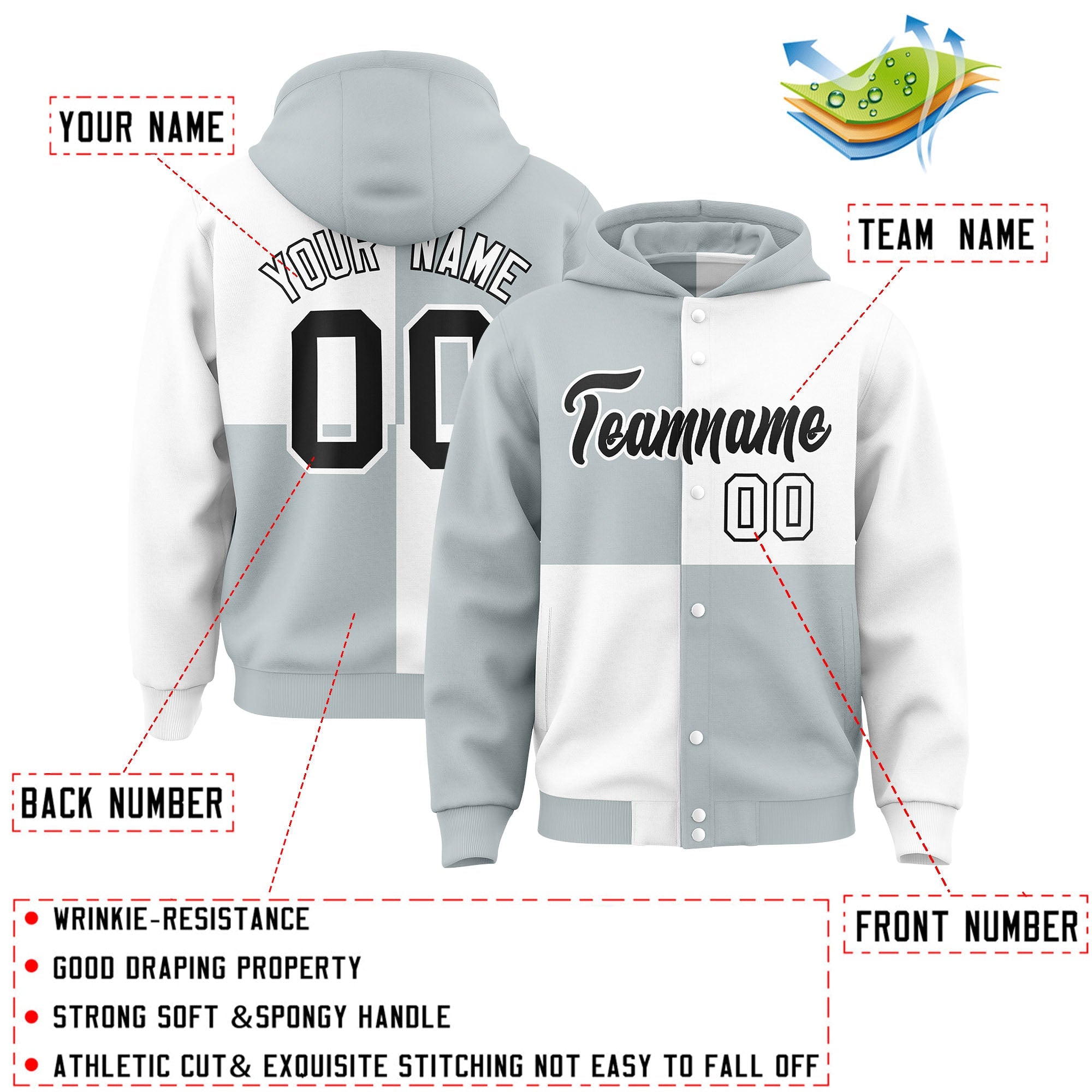 Custom Silver White Varsity Full-Snap Four Squares Color Block Letterman Hoodie Jacket