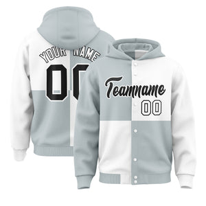 Custom Silver White Varsity Full-Snap Four Squares Color Block Letterman Hoodie Jacket