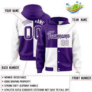 Custom Purple White Varsity Full-Snap Four Squares Color Block Letterman Hoodie Jacket