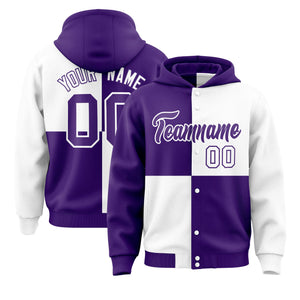 Custom Purple White Varsity Full-Snap Four Squares Color Block Letterman Hoodie Jacket