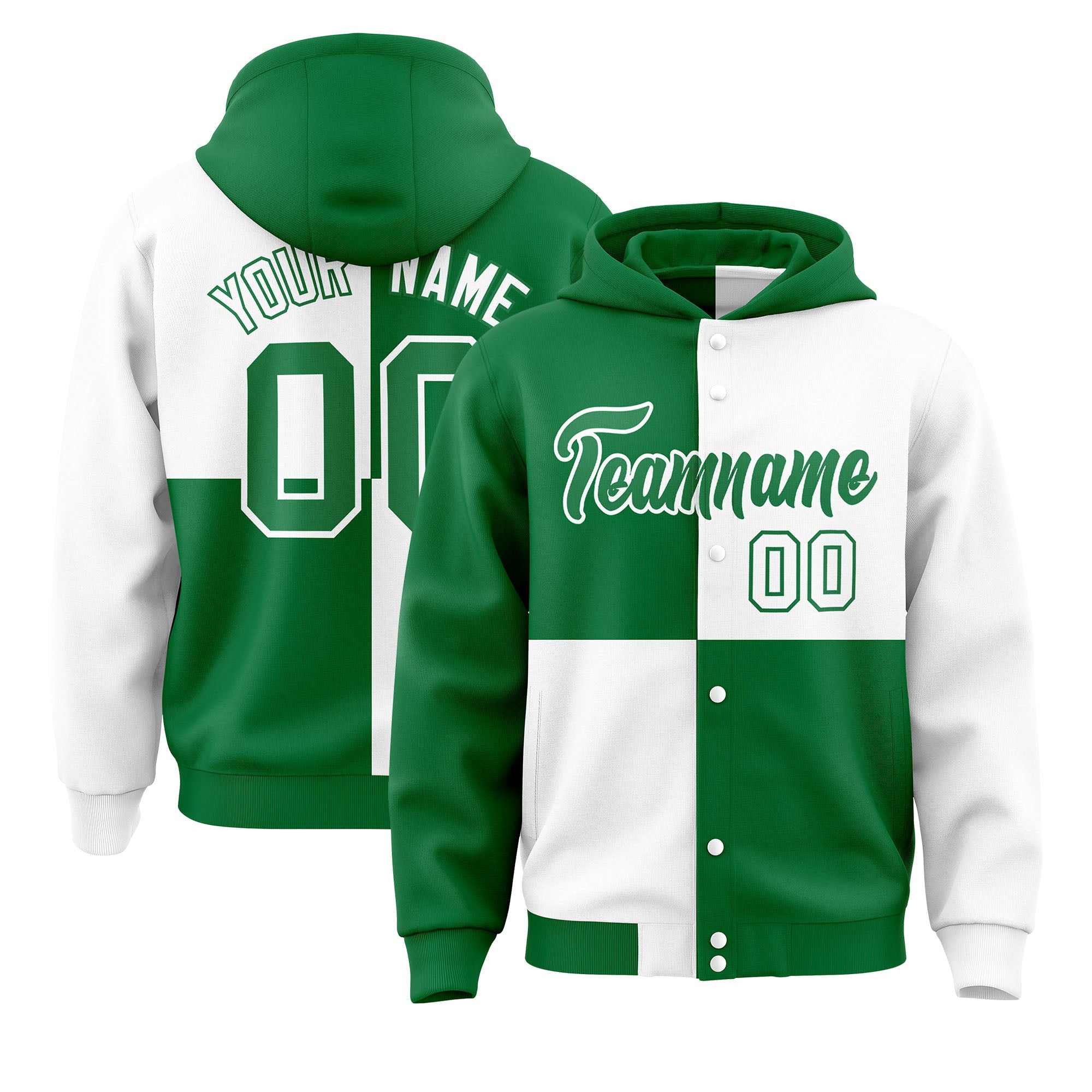 Custom Kelly Green White Varsity Full-Snap Four Squares Color Block Letterman Hoodie Jacket