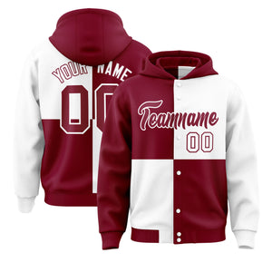 Custom Crimson White Varsity Full-Snap Four Squares Color Block Letterman Hoodie Jacket