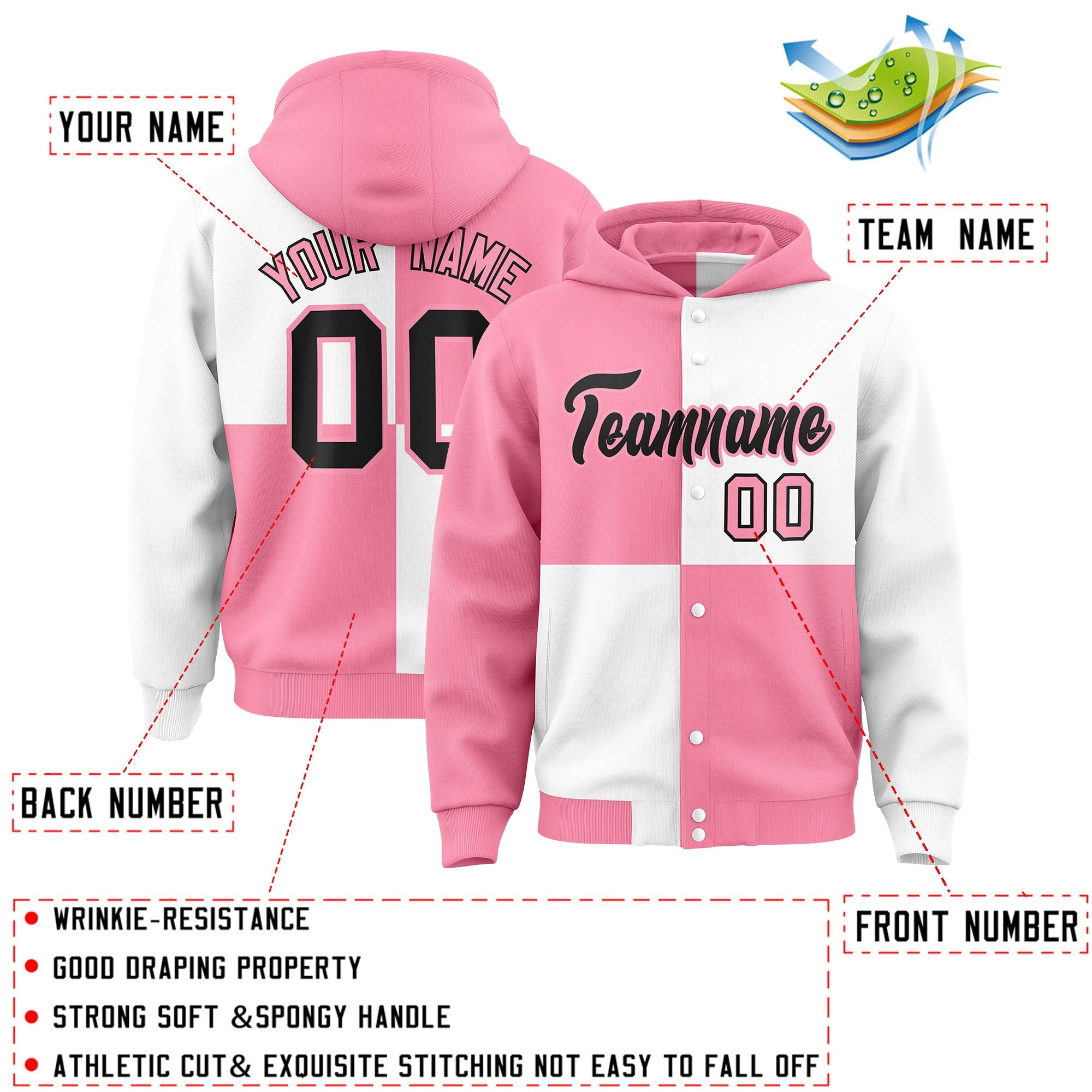 Custom Light Pink White Varsity Full-Snap Four Squares Color Block Letterman Hoodie Jacket