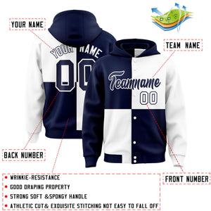 Custom Navy White Varsity Full-Snap Four Squares Color Block Letterman Hoodie Jacket