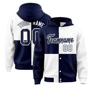 Custom Navy White Varsity Full-Snap Four Squares Color Block Letterman Hoodie Jacket