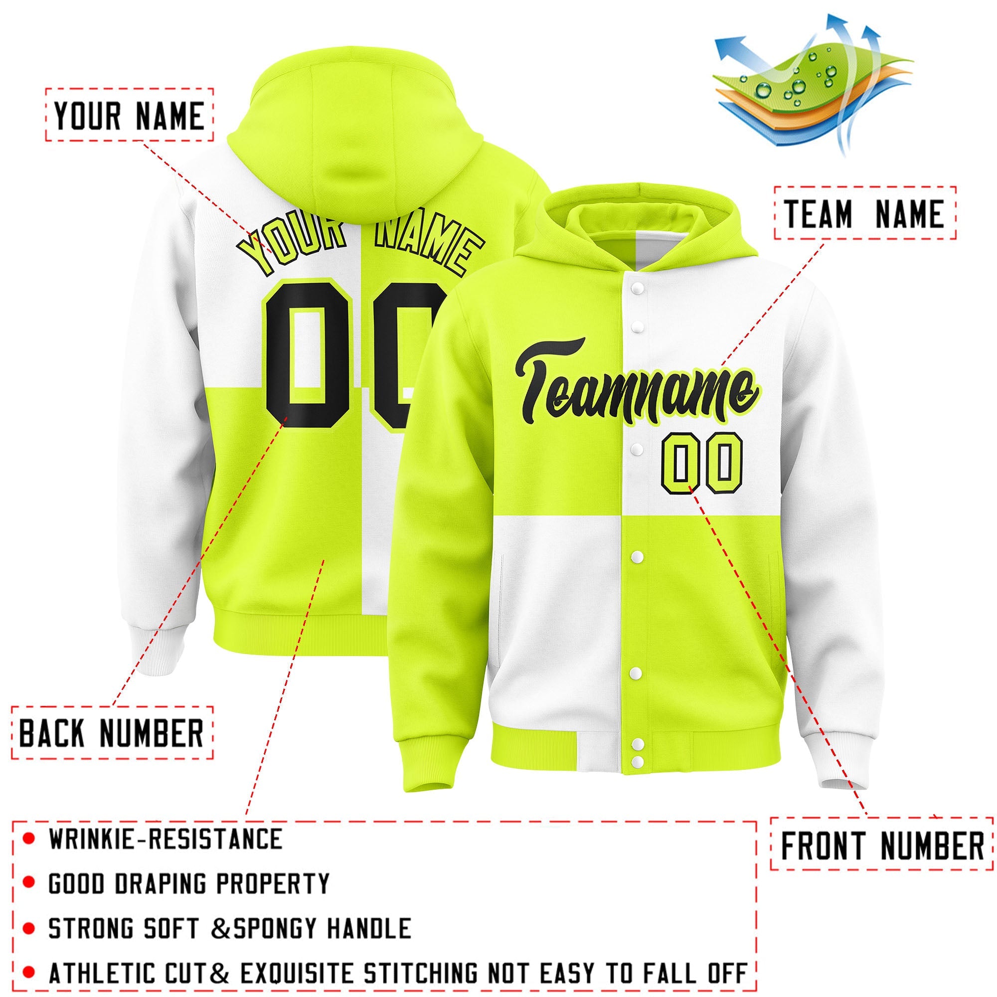 Custom Green White Varsity Full-Snap Four Squares Color Block Letterman Hoodie Jacket